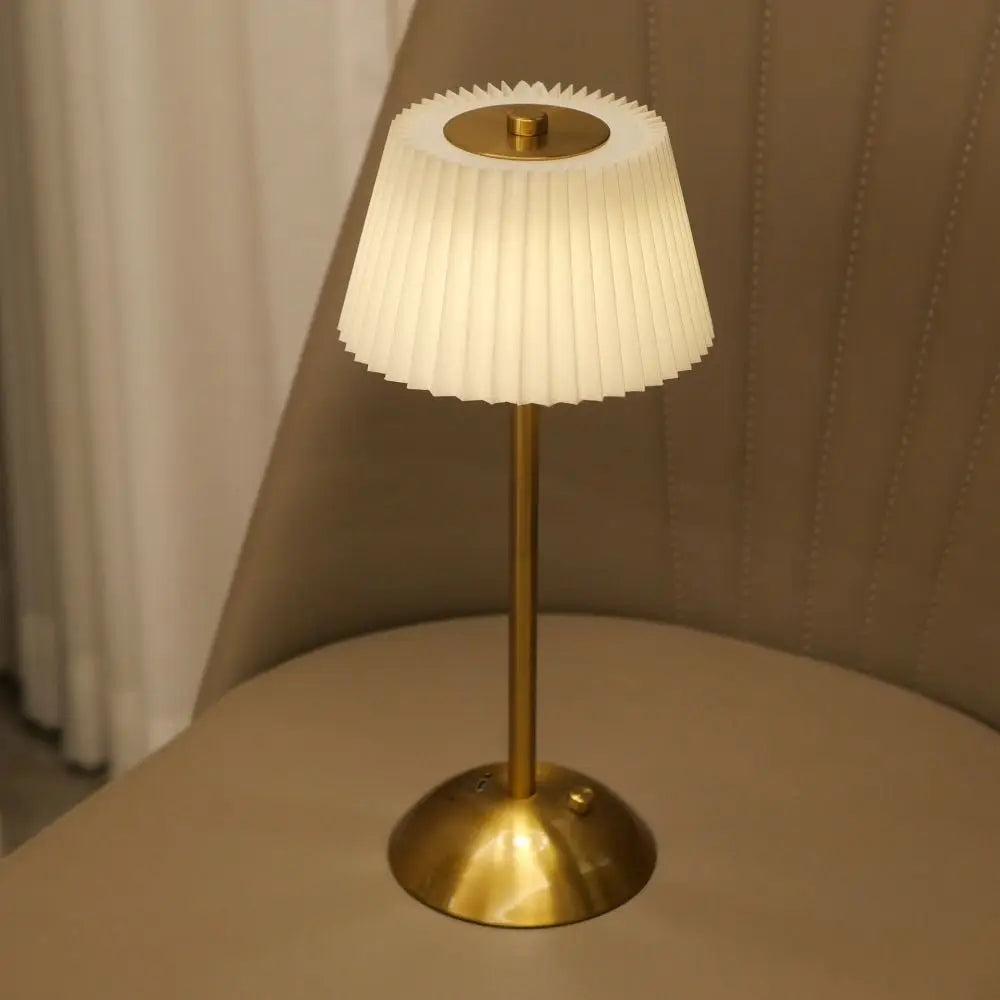 3 Color Lights Small Pleated Table Lamp Touch Control Fabric Shade Desk Ambient Light Cordless USB Rechargeable Nightstand Light